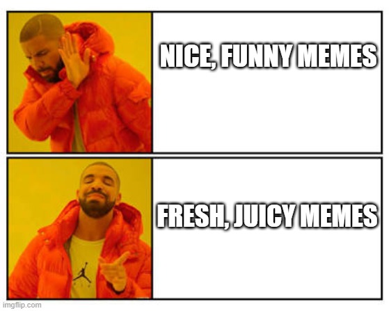 Fresh  Memes | NICE, FUNNY MEMES; FRESH, JUICY MEMES | image tagged in no - yes | made w/ Imgflip meme maker