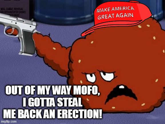 i gotta steal me back an erection! | OUT OF MY WAY MOFO,
I GOTTA STEAL ME BACK AN ERECTION! | image tagged in meatwad with a gun | made w/ Imgflip meme maker