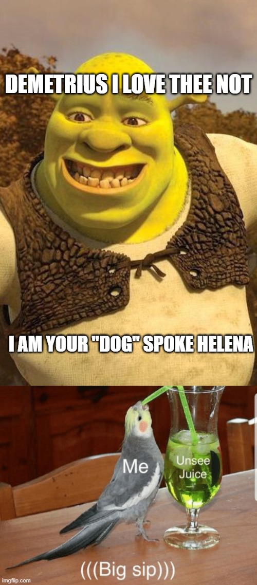 big sip shhshhshshshshshshshshshshshs phhhhhhhhhhhhhhhhhhhhhhhha | DEMETRIUS I LOVE THEE NOT; I AM YOUR "DOG" SPOKE HELENA | image tagged in smiling shrek,unsee juice | made w/ Imgflip meme maker