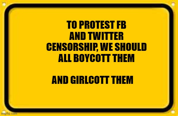 Blank Yellow Sign Meme | TO PROTEST FB AND TWITTER CENSORSHIP, WE SHOULD ALL BOYCOTT THEM; AND GIRLCOTT THEM | image tagged in memes,blank yellow sign | made w/ Imgflip meme maker