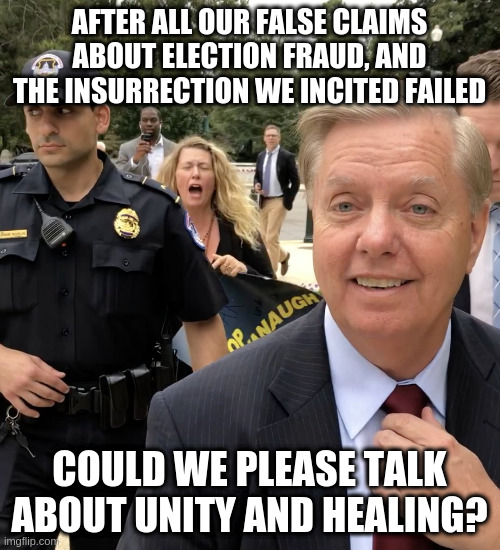 Why isn't Biden listening to me? | AFTER ALL OUR FALSE CLAIMS ABOUT ELECTION FRAUD, AND THE INSURRECTION WE INCITED FAILED; COULD WE PLEASE TALK ABOUT UNITY AND HEALING? | image tagged in lindsey graham,impeachment,unity,healing,trump,insurrection | made w/ Imgflip meme maker