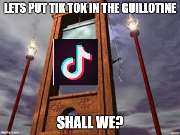 another painful fate that tik tok deserves!!! | LETS PUT TIK TOK IN THE GUILLOTINE; SHALL WE? | image tagged in guillotine,tik tok sucks,hide the pain harold | made w/ Imgflip meme maker