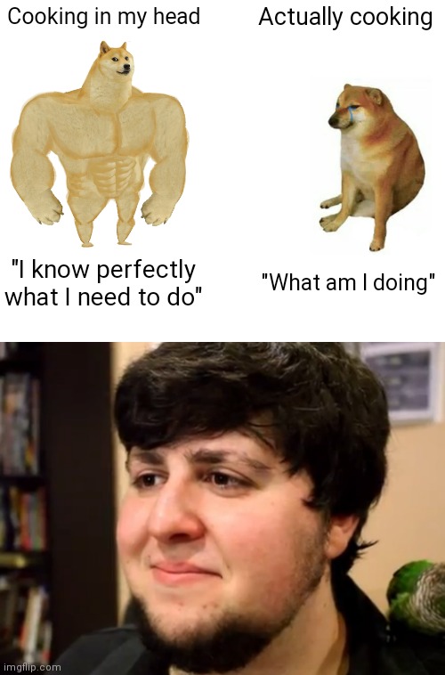 Sucks to be me I guess lol | Cooking in my head; Actually cooking; "I know perfectly what I need to do"; "What am I doing" | image tagged in memes,buff doge vs cheems | made w/ Imgflip meme maker