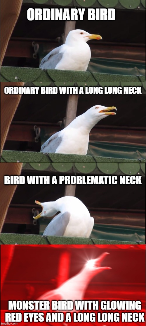 Different types of birds | ORDINARY BIRD; ORDINARY BIRD WITH A LONG LONG NECK; BIRD WITH A PROBLEMATIC NECK; MONSTER BIRD WITH GLOWING RED EYES AND A LONG LONG NECK | image tagged in memes,inhaling seagull | made w/ Imgflip meme maker