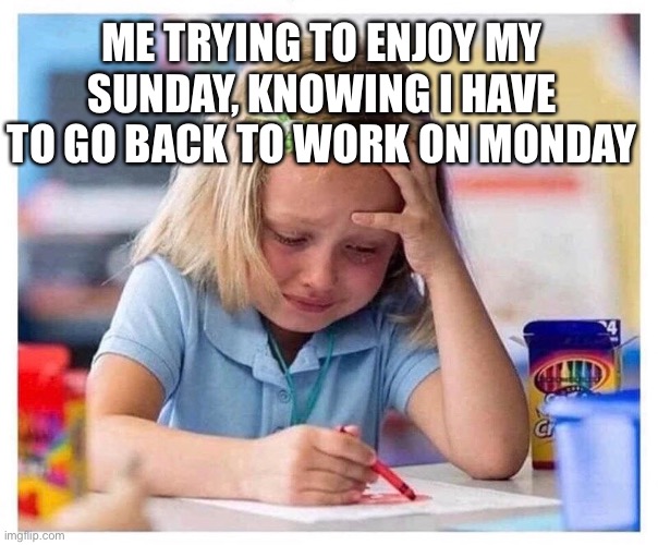 ME TRYING TO ENJOY MY SUNDAY, KNOWING I HAVE TO GO BACK TO WORK ON MONDAY | image tagged in sad,work,monday | made w/ Imgflip meme maker