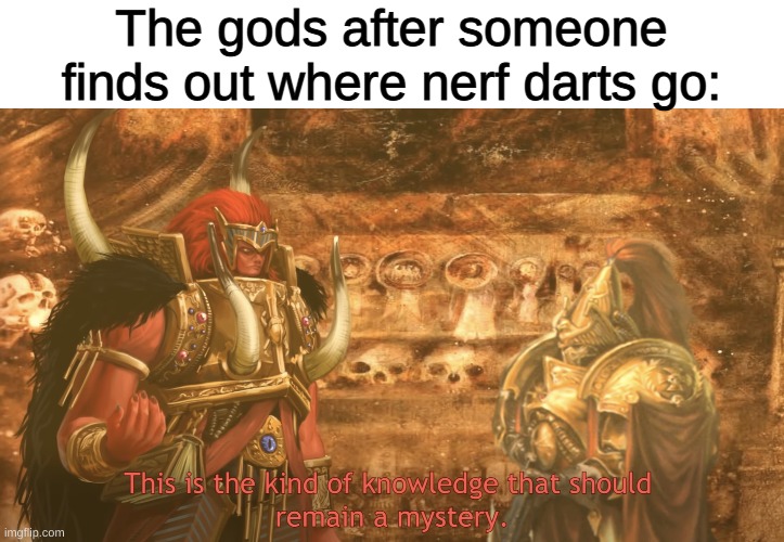 Mysterious knowledge | The gods after someone finds out where nerf darts go: | image tagged in mysterious knowledge | made w/ Imgflip meme maker