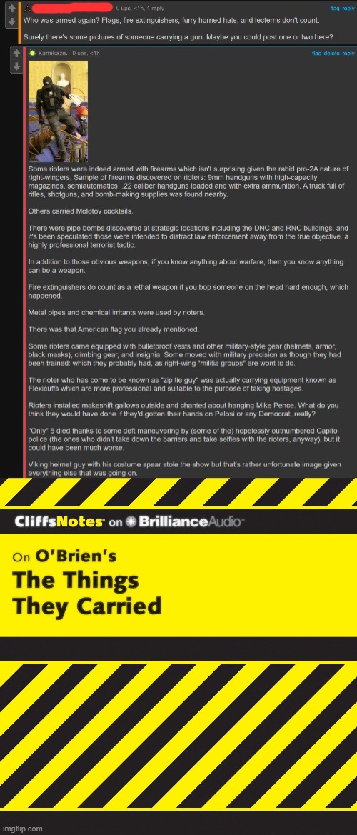 Anyone ever read this book? Well, here's the CliffsNotes version: MAGA riot 2021 edition | image tagged in kamikaze roast rioters,the things they carried,rioters,riot,capitol hill,maga | made w/ Imgflip meme maker