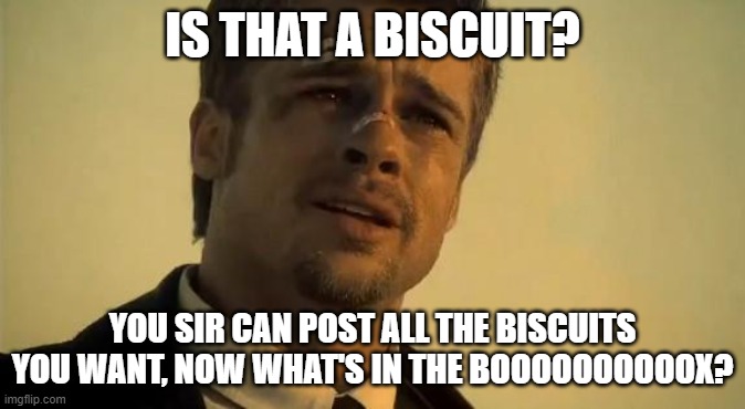 What's In the Box | IS THAT A BISCUIT? YOU SIR CAN POST ALL THE BISCUITS YOU WANT, NOW WHAT'S IN THE BOOOOOOOOOOX? | image tagged in what's in the box | made w/ Imgflip meme maker