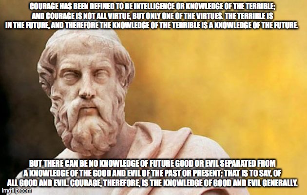 Plato | COURAGE HAS BEEN DEFINED TO BE INTELLIGENCE OR KNOWLEDGE OF THE TERRIBLE; AND COURAGE IS NOT ALL VIRTUE, BUT ONLY ONE OF THE VIRTUES. THE TERRIBLE IS IN THE FUTURE, AND THEREFORE THE KNOWLEDGE OF THE TERRIBLE IS A KNOWLEDGE OF THE FUTURE. BUT THERE CAN BE NO KNOWLEDGE OF FUTURE GOOD OR EVIL SEPARATED FROM A KNOWLEDGE OF THE GOOD AND EVIL OF THE PAST OR PRESENT; THAT IS TO SAY, OF ALL GOOD AND EVIL. COURAGE, THEREFORE, IS THE KNOWLEDGE OF GOOD AND EVIL GENERALLY. | image tagged in plato | made w/ Imgflip meme maker