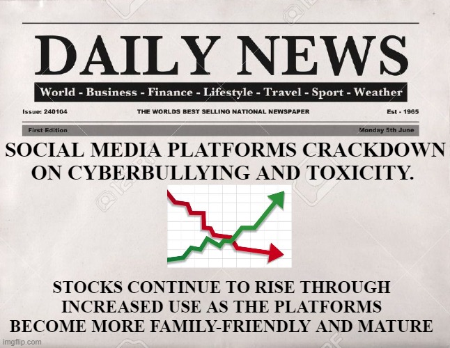 newspaper | SOCIAL MEDIA PLATFORMS CRACKDOWN ON CYBERBULLYING AND TOXICITY. STOCKS CONTINUE TO RISE THROUGH INCREASED USE AS THE PLATFORMS BECOME MORE F | image tagged in newspaper | made w/ Imgflip meme maker