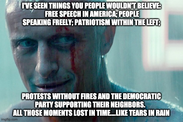 Tears in Rain (2021 America) | I'VE SEEN THINGS YOU PEOPLE WOULDN'T BELIEVE:
 FREE SPEECH IN AMERICA; PEOPLE SPEAKING FREELY; PATRIOTISM WITHIN THE LEFT;; PROTESTS WITHOUT FIRES AND THE DEMOCRATIC PARTY SUPPORTING THEIR NEIGHBORS.  
ALL THOSE MOMENTS LOST IN TIME....LIKE TEARS IN RAIN | image tagged in blade runner | made w/ Imgflip meme maker