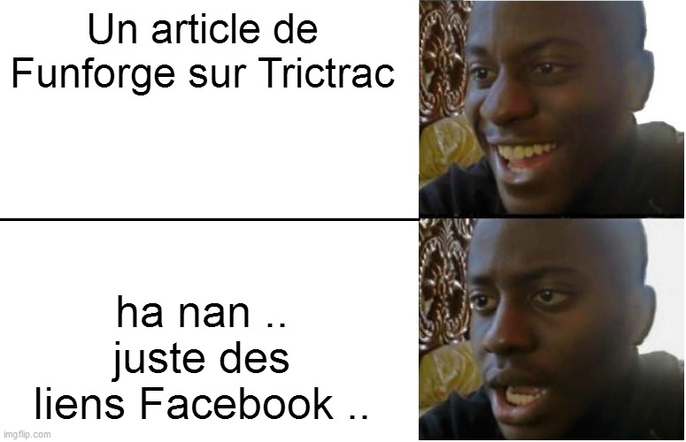 Disappointed Black Guy | Un article de Funforge sur Trictrac; ha nan .. juste des liens Facebook .. | image tagged in disappointed black guy | made w/ Imgflip meme maker