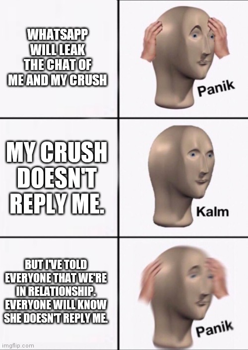 Stonks Panic Calm Panic | WHATSAPP WILL LEAK THE CHAT OF ME AND MY CRUSH; MY CRUSH DOESN'T REPLY ME. BUT I'VE TOLD EVERYONE THAT WE'RE IN RELATIONSHIP. EVERYONE WILL KNOW SHE DOESN'T REPLY ME. | image tagged in stonks panic calm panic | made w/ Imgflip meme maker