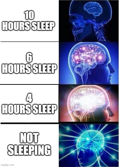 Expanding Brain | 10 HOURS SLEEP; 6 HOURS SLEEP; 4 HOURS SLEEP; NOT SLEEPING | image tagged in memes,expanding brain | made w/ Imgflip meme maker