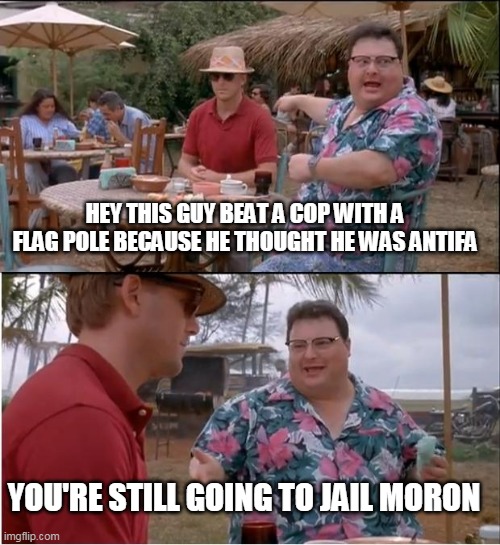 He was antifa? Guess that makes it all white then | HEY THIS GUY BEAT A COP WITH A FLAG POLE BECAUSE HE THOUGHT HE WAS ANTIFA; YOU'RE STILL GOING TO JAIL MORON | image tagged in memes,see nobody cares | made w/ Imgflip meme maker
