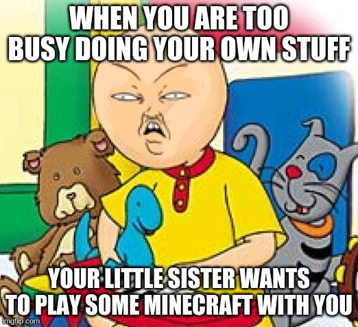 Caillou | WHEN YOU ARE TOO BUSY DOING YOUR OWN STUFF; YOUR LITTLE SISTER WANTS TO PLAY SOME MINECRAFT WITH YOU | image tagged in caillou | made w/ Imgflip meme maker