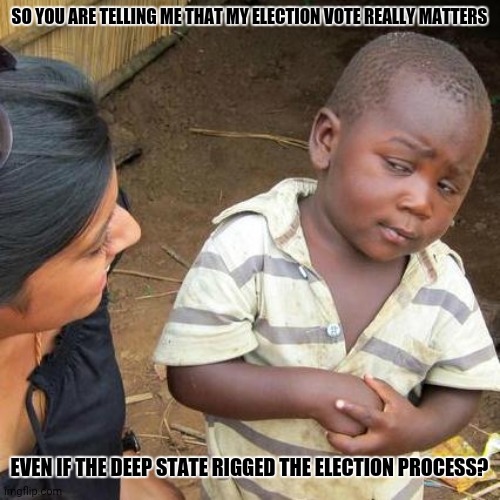 Third World Skeptical Kid | SO YOU ARE TELLING ME THAT MY ELECTION VOTE REALLY MATTERS; EVEN IF THE DEEP STATE RIGGED THE ELECTION PROCESS? | image tagged in memes,third world skeptical kid,lolz | made w/ Imgflip meme maker