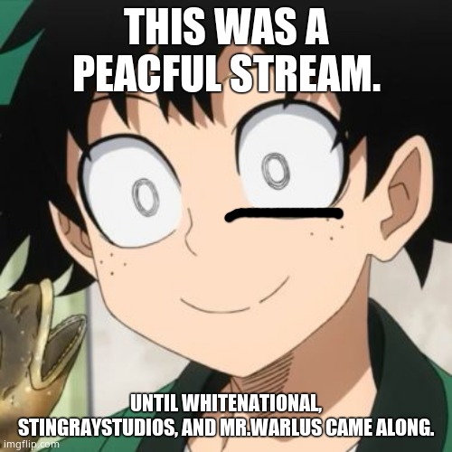 Tru this is | THIS WAS A PEACFUL STREAM. UNTIL WHITENATIONAL, STINGRAYSTUDIOS, AND MR.WARLUS CAME ALONG. | image tagged in triggered deku | made w/ Imgflip meme maker