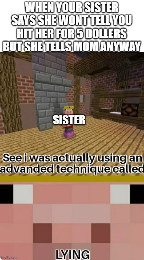 Technoblade Lying | WHEN YOUR SISTER SAYS SHE WONT TELL YOU HIT HER FOR 5 DOLLERS BUT SHE TELLS MOM ANYWAY; SISTER | image tagged in technoblade lying | made w/ Imgflip meme maker