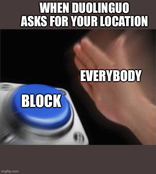 Duolinguo | WHEN DUOLINGUO ASKS FOR YOUR LOCATION; EVERYBODY; BLOCK | image tagged in memes,blank nut button | made w/ Imgflip meme maker