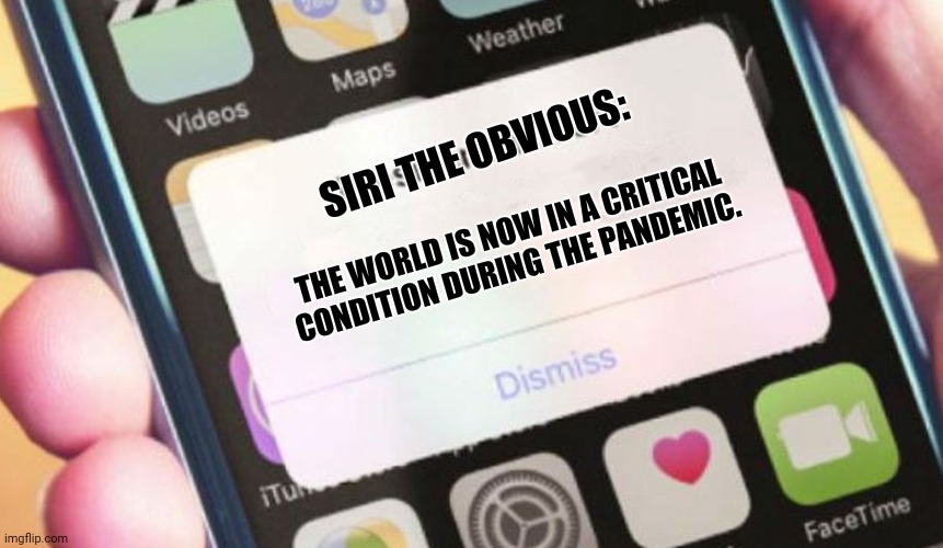 Presidential Alert Meme | SIRI THE OBVIOUS:; THE WORLD IS NOW IN A CRITICAL CONDITION DURING THE PANDEMIC. | image tagged in memes,presidential alert,shitpost | made w/ Imgflip meme maker