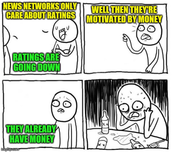 Overconfident Alcoholic | NEWS NETWORKS ONLY 
CARE ABOUT RATINGS; WELL THEN THEY'RE MOTIVATED BY MONEY; RATINGS ARE
 GOING DOWN; THEY ALREADY
 HAVE MONEY | image tagged in overconfident alcoholic | made w/ Imgflip meme maker