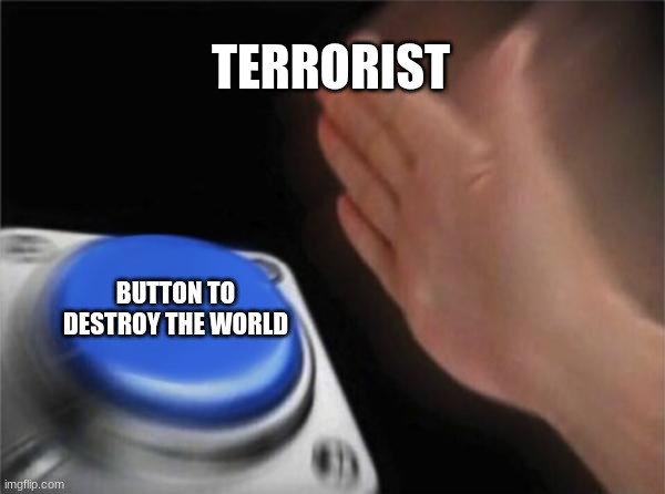 Blank Nut Button Meme | TERRORIST; BUTTON TO DESTROY THE WORLD | image tagged in memes,blank nut button | made w/ Imgflip meme maker