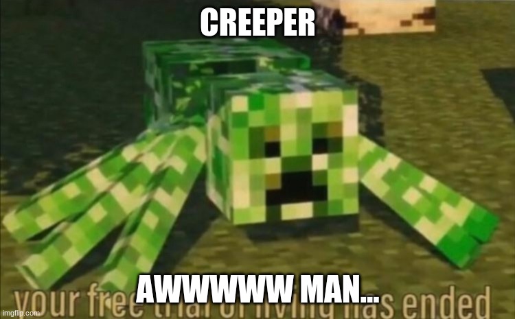 Come on imgflip sing it | CREEPER; AWWWWW MAN... | image tagged in your free trial of living has ended,sing it,creeper | made w/ Imgflip meme maker