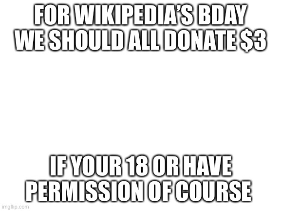DEWIT | FOR WIKIPEDIA’S BDAY WE SHOULD ALL DONATE $3; IF YOUR 18 OR HAVE PERMISSION OF COURSE | image tagged in blank white template | made w/ Imgflip meme maker