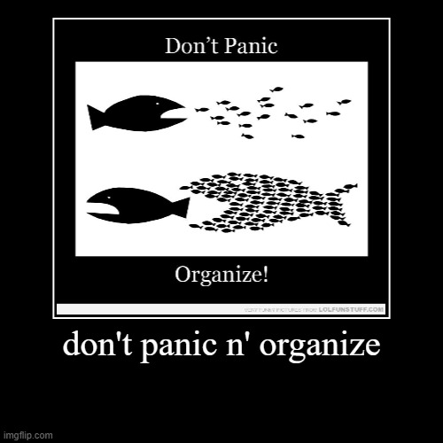 Don't panic | don't panic n' organize | | image tagged in funny,demotivationals | made w/ Imgflip demotivational maker