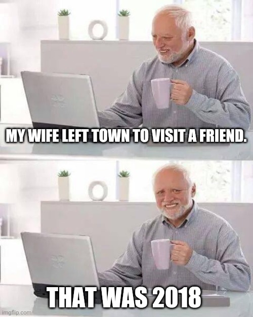 Hide the Pain Harold | MY WIFE LEFT TOWN TO VISIT A FRIEND. THAT WAS 2018 | image tagged in memes,hide the pain harold | made w/ Imgflip meme maker