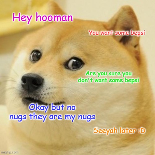 Doge | Hey hooman; You want some bepsi; Are you sure you don't want some bepsi; Okay but no nugs they are my nugs; Seeyah later :D | image tagged in memes,doge | made w/ Imgflip meme maker