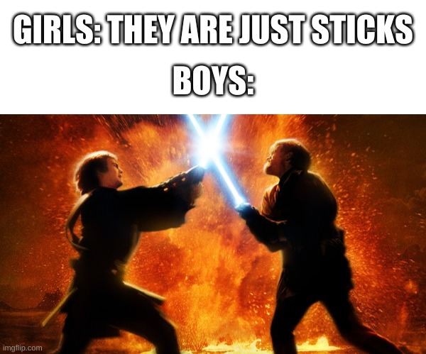 definitely not just sticks | GIRLS: THEY ARE JUST STICKS; BOYS: | image tagged in memes,funny,star wars,lightsaber,stick,boys vs girls | made w/ Imgflip meme maker