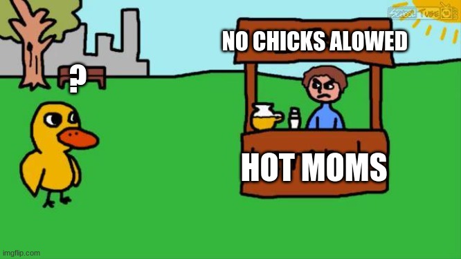 yes yes | NO CHICKS ALOWED; ? HOT MOMS | image tagged in duck,letsgetwordy | made w/ Imgflip meme maker