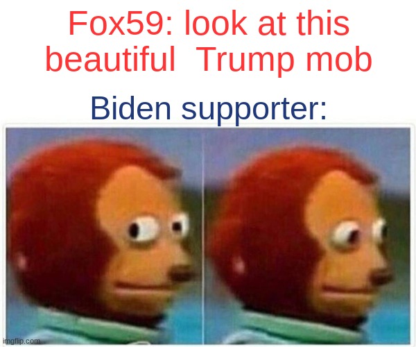 Biden supporter going past a Trump Mob |  Fox59: look at this beautiful  Trump mob; Biden supporter: | image tagged in memes,monkey puppet | made w/ Imgflip meme maker