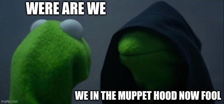 Evil Kermit Meme | WERE ARE WE; WE IN THE MUPPET HOOD NOW FOOL | image tagged in memes,evil kermit | made w/ Imgflip meme maker