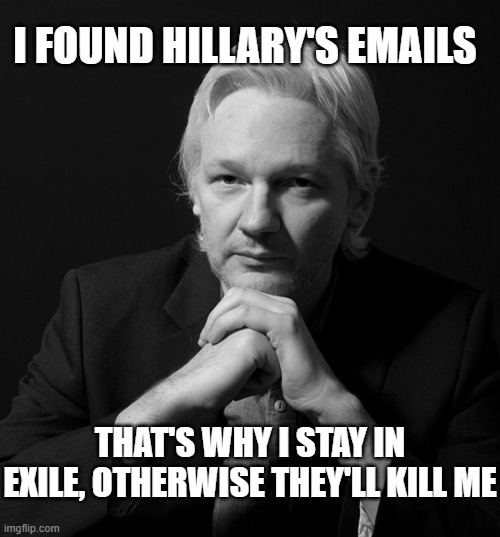 Julian Assange Nike | I FOUND HILLARY'S EMAILS THAT'S WHY I STAY IN EXILE, OTHERWISE THEY'LL KILL ME | image tagged in julian assange nike | made w/ Imgflip meme maker