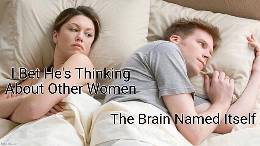 when you think about it | I Bet He's Thinking About Other Women; The Brain Named Itself | image tagged in memes,i bet he's thinking about other women | made w/ Imgflip meme maker