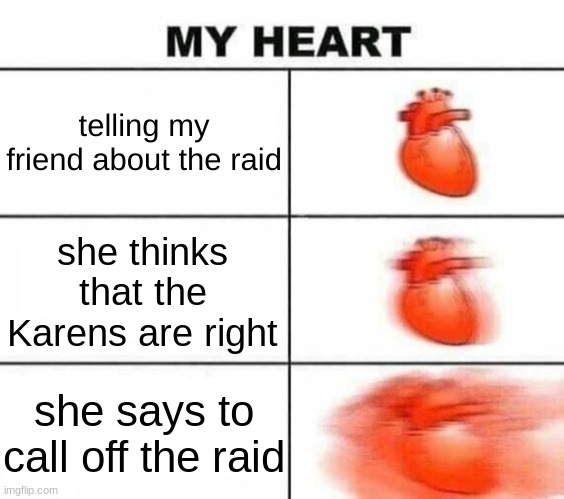she is one of them now |  telling my friend about the raid; she thinks that the Karens are right; she says to call off the raid | image tagged in my heart with actually good freaking text boxes,barney will eat all of your delectable biscuits | made w/ Imgflip meme maker