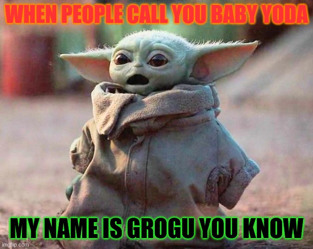 Yep hes right | WHEN PEOPLE CALL YOU BABY YODA; MY NAME IS GROGU YOU KNOW | image tagged in surprised baby yoda,grogu,baby yoda | made w/ Imgflip meme maker