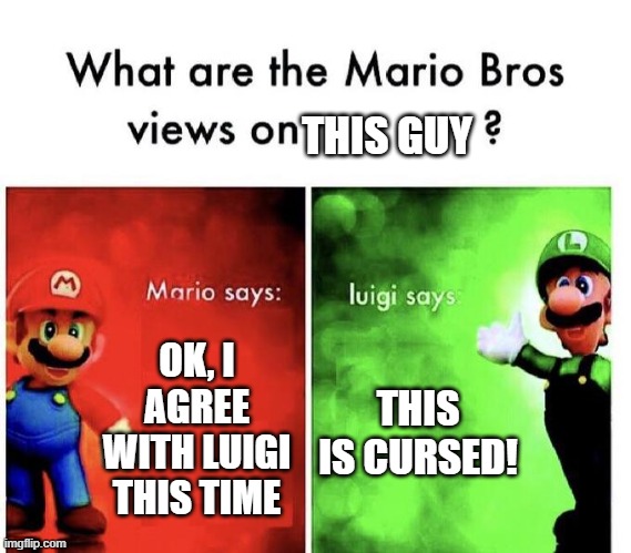 Mario Bros Views | OK, I AGREE WITH LUIGI THIS TIME THIS IS CURSED! THIS GUY | image tagged in mario bros views | made w/ Imgflip meme maker