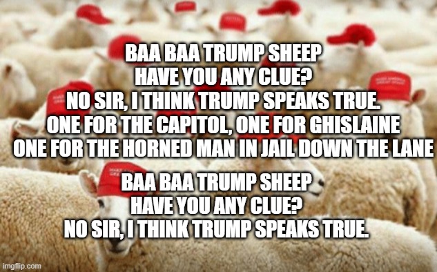 Trump sheeple | BAA BAA TRUMP SHEEP
HAVE YOU ANY CLUE?


NO SIR, I THINK TRUMP SPEAKS TRUE.

ONE FOR THE CAPITOL, ONE FOR GHISLAINE
ONE FOR THE HORNED MAN IN JAIL DOWN THE LANE; BAA BAA TRUMP SHEEP
HAVE YOU ANY CLUE?
NO SIR, I THINK TRUMP SPEAKS TRUE. | image tagged in trump sheeple | made w/ Imgflip meme maker