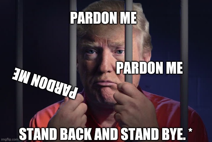Trump Behind Bars | PARDON ME; PARDON ME; PARDON ME; STAND BACK AND STAND BYE. * | image tagged in trump behind bars | made w/ Imgflip meme maker