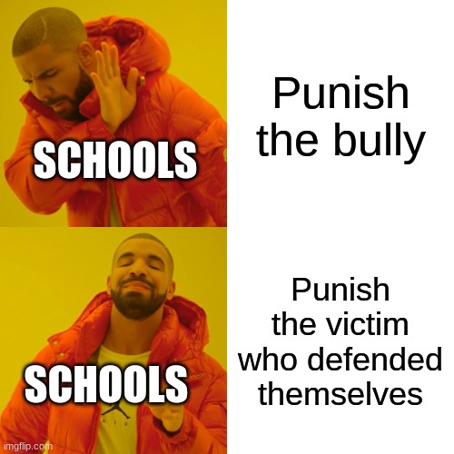 Drake Hotline Bling | Punish the bully; SCHOOLS; Punish the victim who defended themselves; SCHOOLS | image tagged in memes,drake hotline bling | made w/ Imgflip meme maker