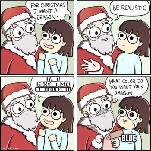 Remember when conservatives and liberals use to try and govern together? | I WANT CONSERVATIVES TO REGAIN THEIR SANITY; BLUE | image tagged in for christmas i want a dragon | made w/ Imgflip meme maker