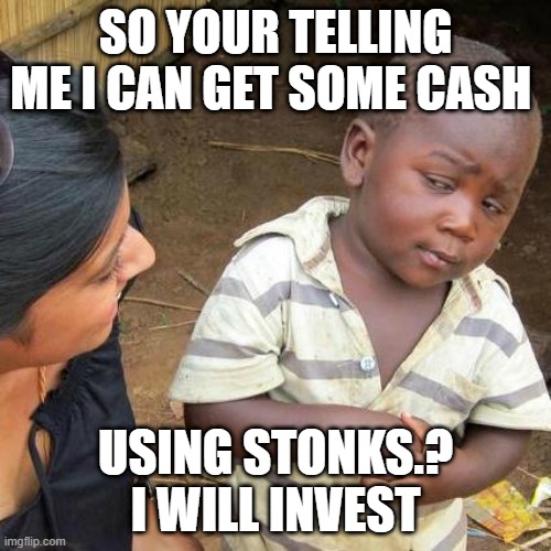 Third World Skeptical Kid Meme | SO YOUR TELLING ME I CAN GET SOME CASH; USING STONKS.? I WILL INVEST | image tagged in memes,third world skeptical kid | made w/ Imgflip meme maker