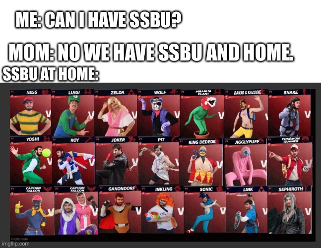 ME: CAN I HAVE SSBU? MOM: NO WE HAVE SSBU AND HOME. SSBU AT HOME: | image tagged in super smash bros ultimate | made w/ Imgflip meme maker