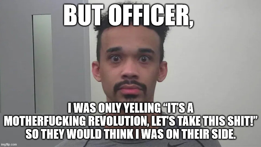 anitfa caught inciting rioters | BUT OFFICER, I WAS ONLY YELLING “IT’S A MOTHERFUCKING REVOLUTION, LET’S TAKE THIS SHIT!” SO THEY WOULD THINK I WAS ON THEIR SIDE. | image tagged in antifa,capitol protests,protesters | made w/ Imgflip meme maker