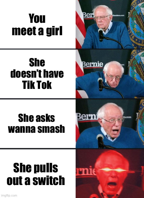 My life NOT | You meet a girl; She doesn’t have Tik Tok; She asks wanna smash; She pulls out a switch | image tagged in bernie sanders reaction nuked | made w/ Imgflip meme maker