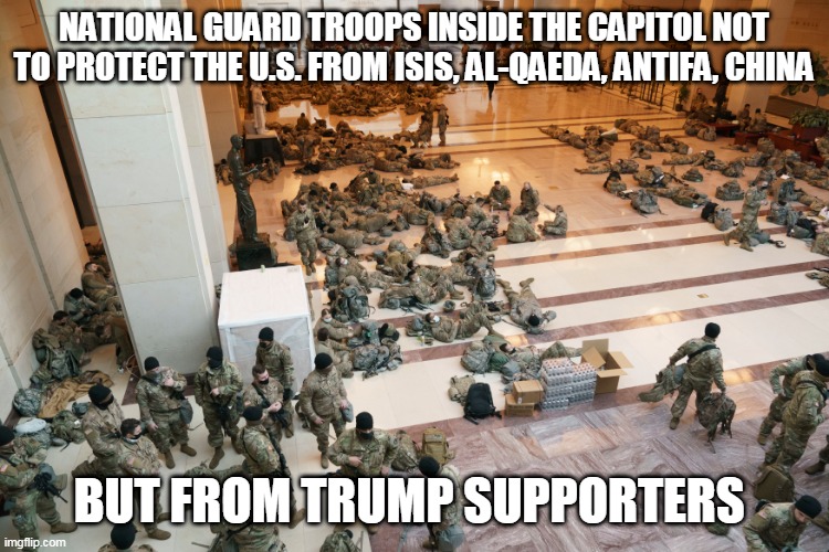 Trump supporters - Domestic terrorist and enablers | NATIONAL GUARD TROOPS INSIDE THE CAPITOL NOT TO PROTECT THE U.S. FROM ISIS, AL-QAEDA, ANTIFA, CHINA; BUT FROM TRUMP SUPPORTERS | image tagged in republicans,donald trump,riots,trump supporters,election 2020 | made w/ Imgflip meme maker